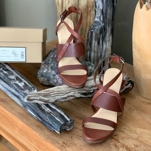 Cole Haan saddle color leather strap ankle wedge.